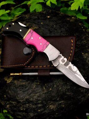 Handmade Damascus Folding Knife: Pink Stone & Bull Horn Handle